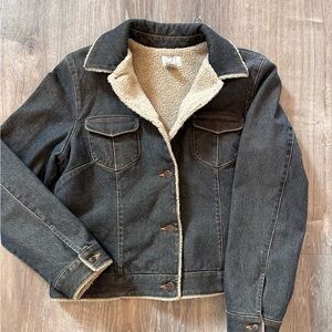 LOFT Dark Denim, Sherpa-lined, fitted thick jacket, with button down closure